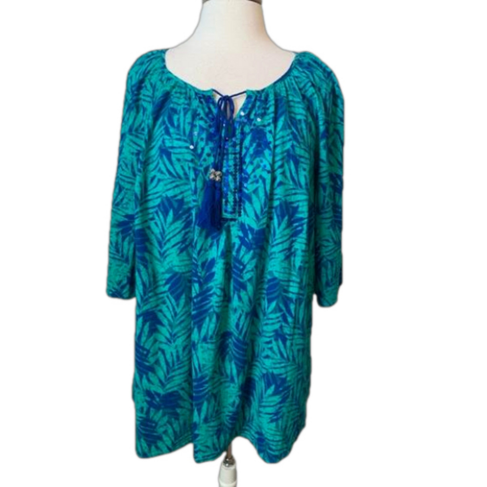 Catherines NWT Tropical Crinkle Tunic Peasant Blouse Women's 1XP Hawaii‎ Beach